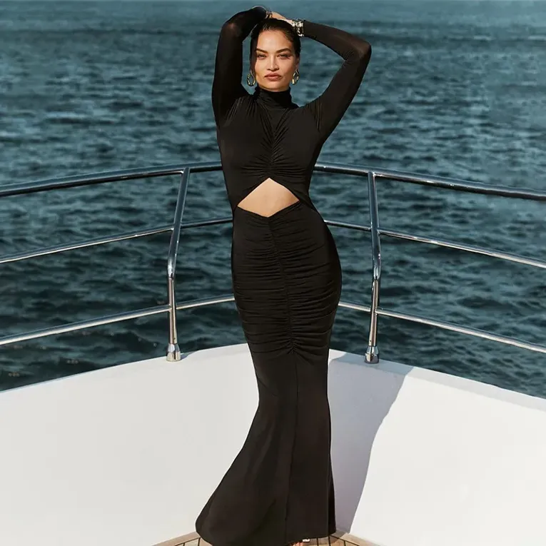 Black Solid Turtle Neck Bodycon Dress - Image 1