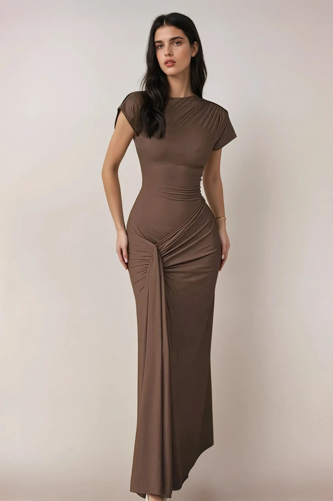 Brown Solid Bodycon Dress - Image 1