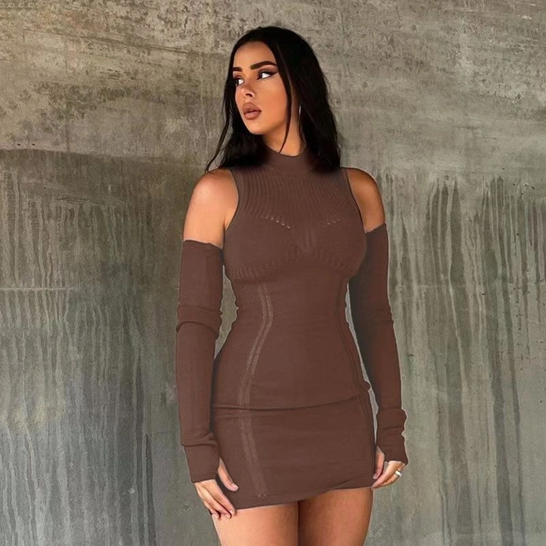 Dark Brown Solid Bodycon Dress - Image 1