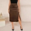 Brown Solid Pu Leather Midi Skirt