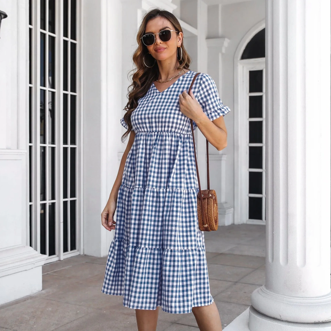 Blue Gingham Neck Tiered Dress - NEWME