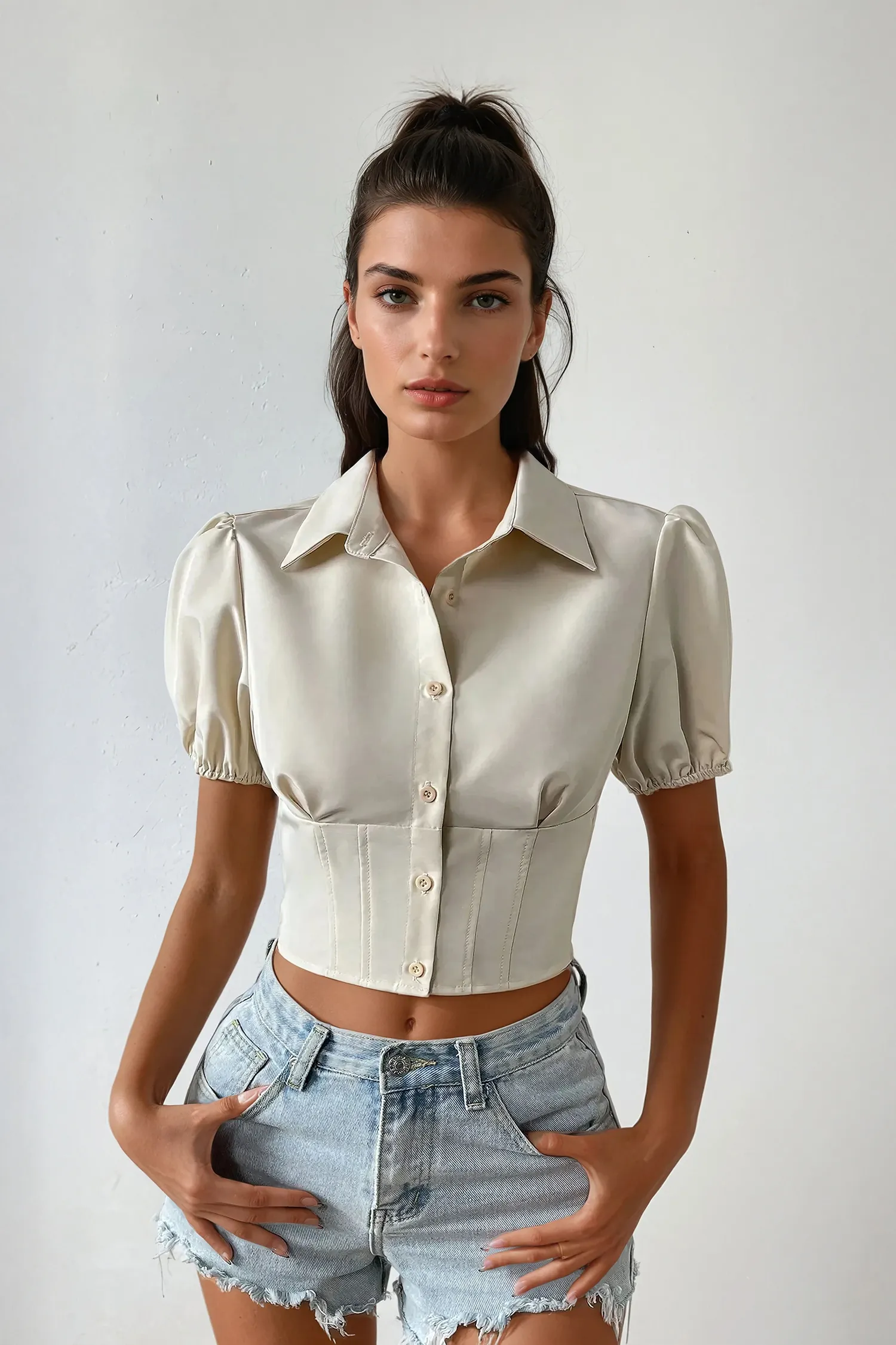 Cropped Puff Bow Sleeve Shirt main image 1
