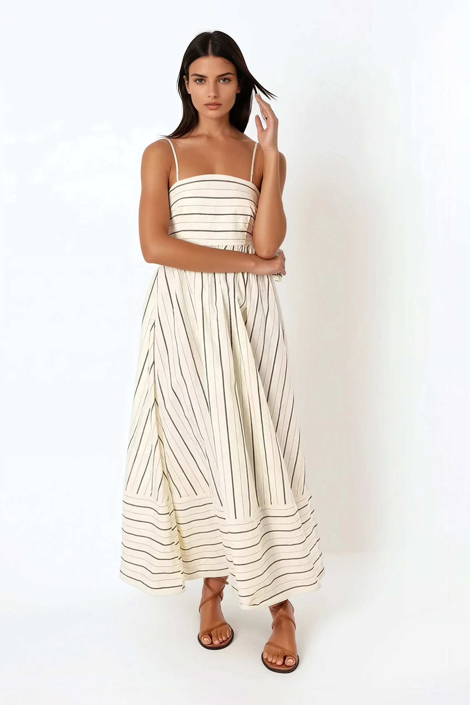 Cream Vertical Striped Cut Out Maxi Dress