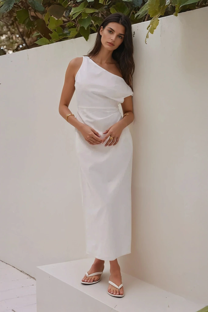 White Draped One Shoulder Sheath Dress - Image 1