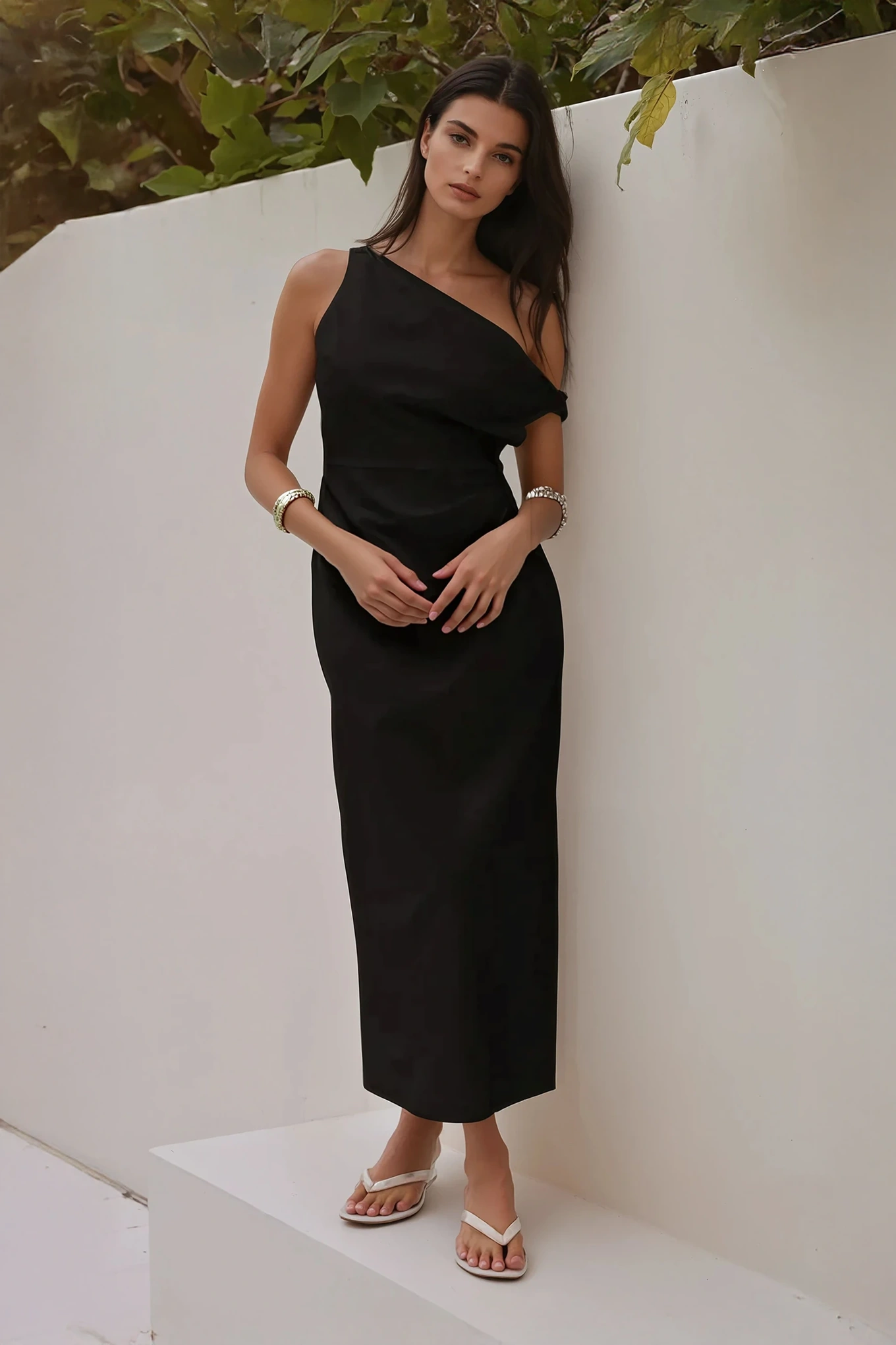 Black Draped One Shoulder Sheath Dress - NEWME