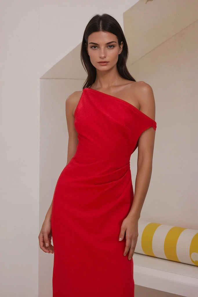 Red Draped One Shoulder Sheath Dress - Image 1
