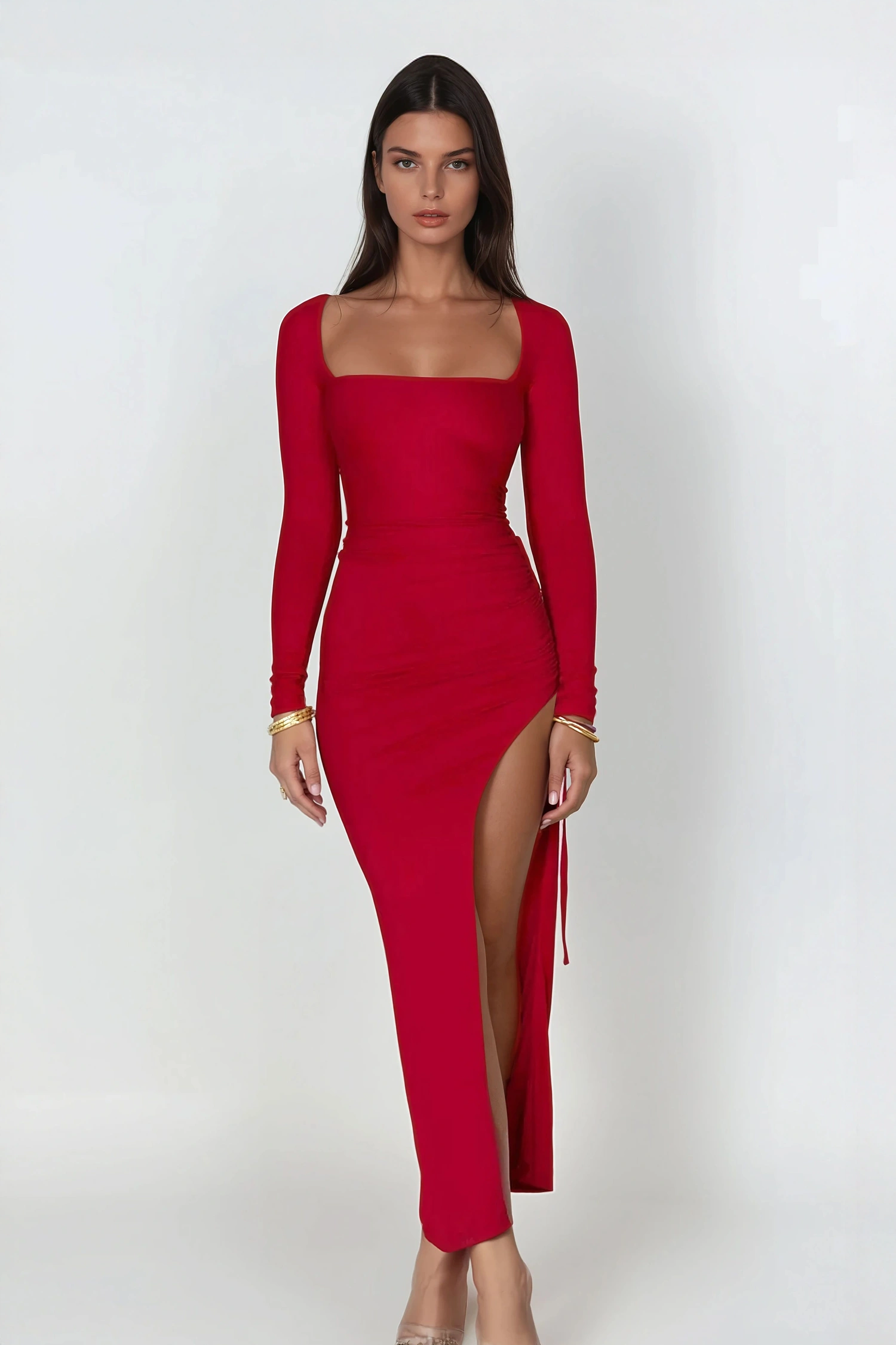 ★CERRIC★WAVE LONG SLEEVELESS DRESS★1570★Red★韓国★人気 Center Slit Maxi Dress - Red - Final Sale! – Clara Sunwoo