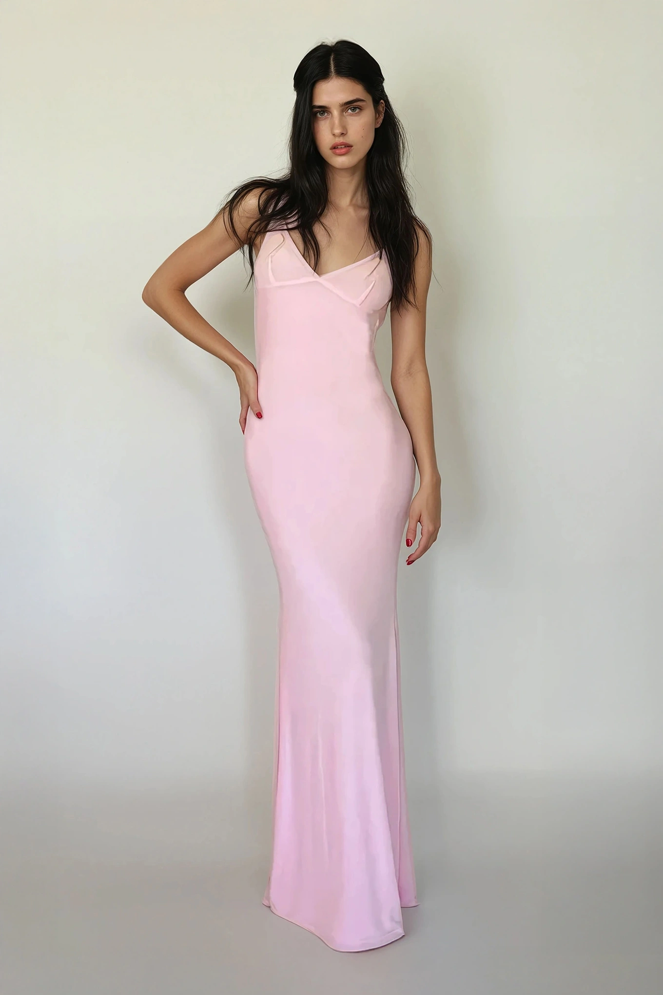 Light Pink Solid Plunging Neck Maxi Dress - NEWME