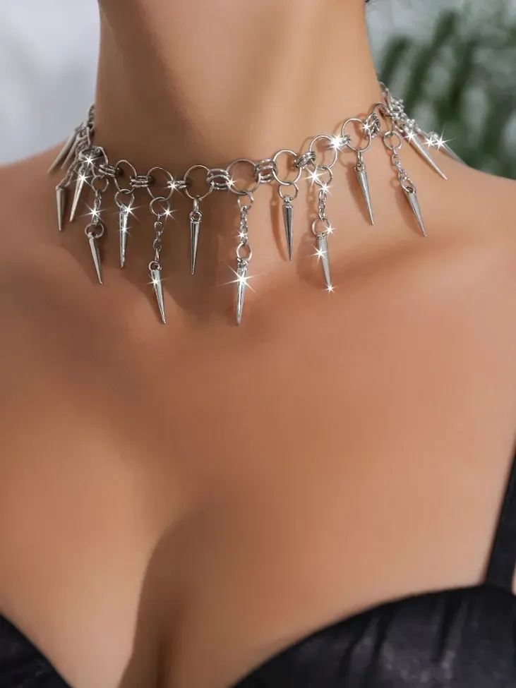 Silver Imitation Spike Choker Necklace - NEWME