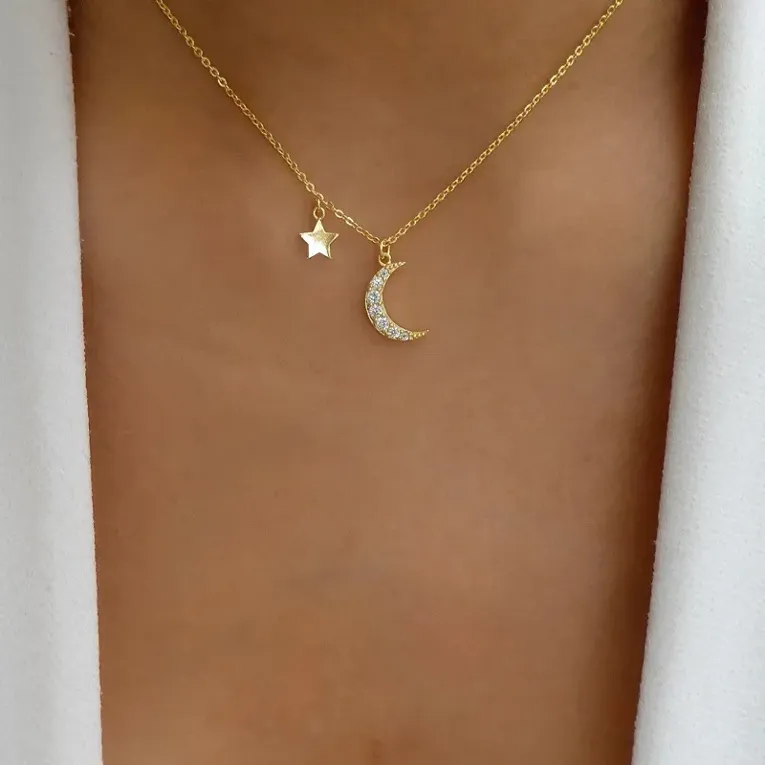 Gold Imitation Moon Star Pendant Necklace - Image 1