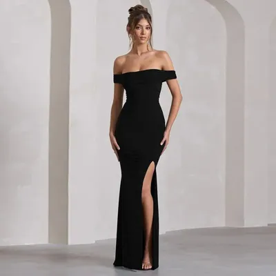 Black Off Shoulder Slit Gown - NEWME