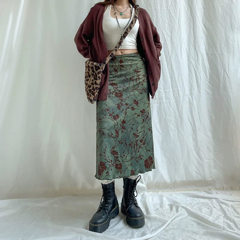 Green Floral Straight Skirt