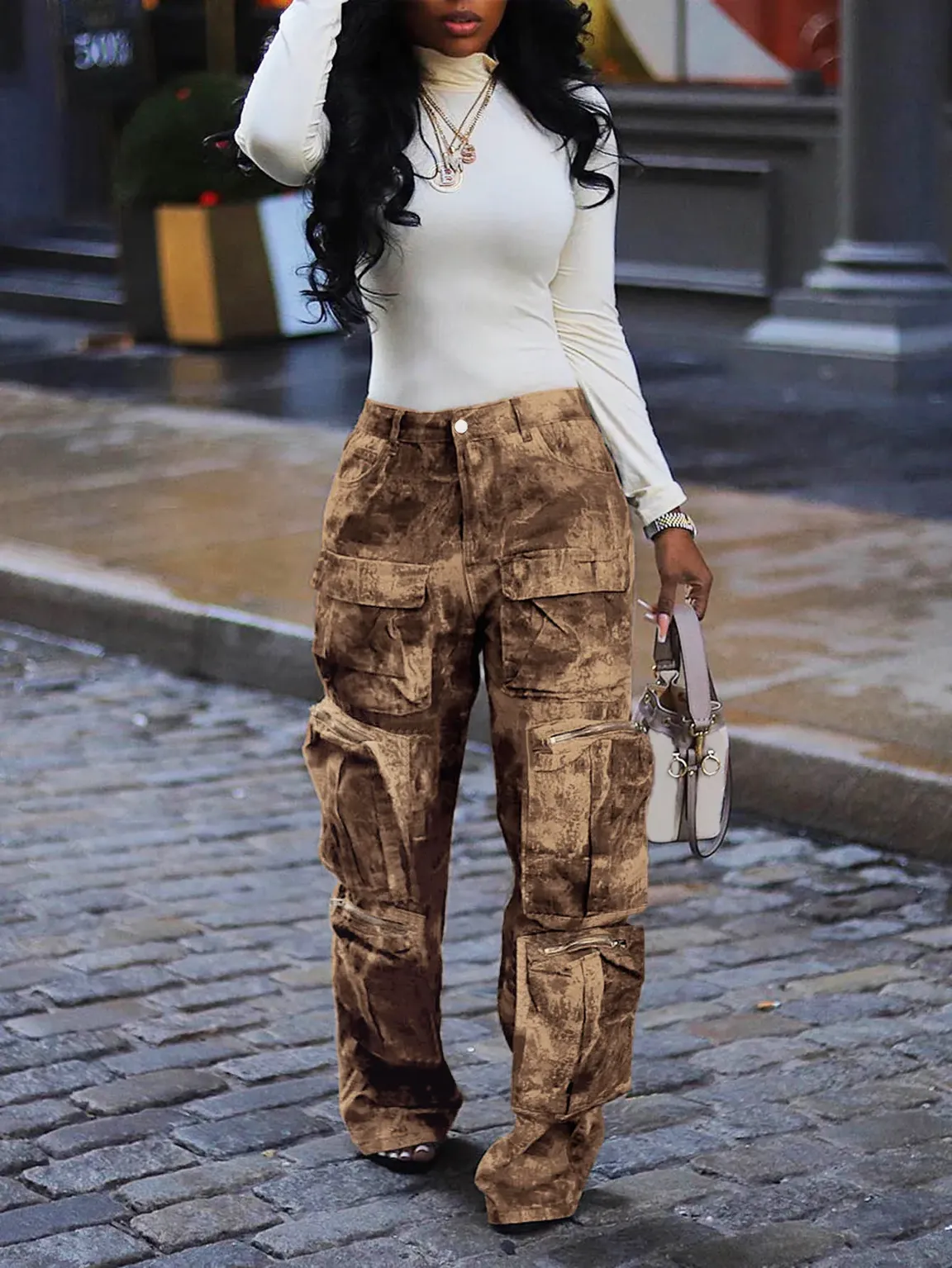 Mustard Abstract Oversized Cargo Jeans - NEWME