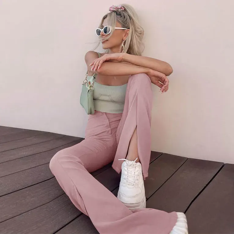 Mauve Slit Detail Bootcut Trouser - Image 1