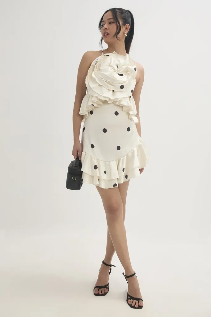 Off White Ruffled Polka Printed Dress - Image 1