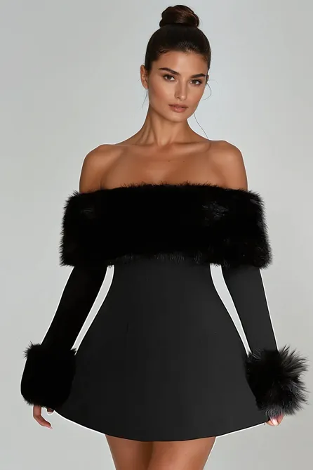 Black Fur Detail Off Shoulder Mini Dress - NEWME