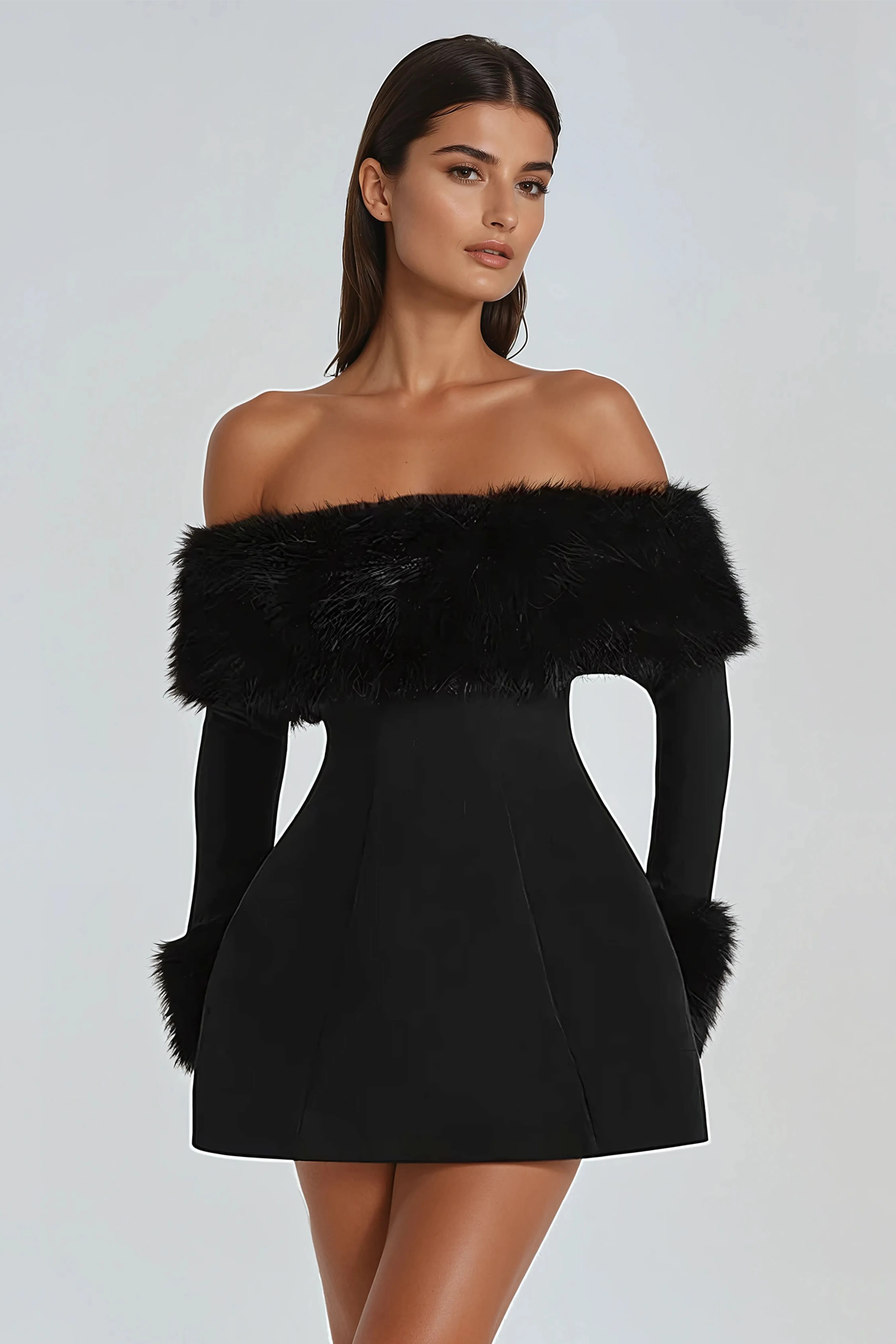 Black Fur Detail Off Shoulder Mini Dress - NEWME