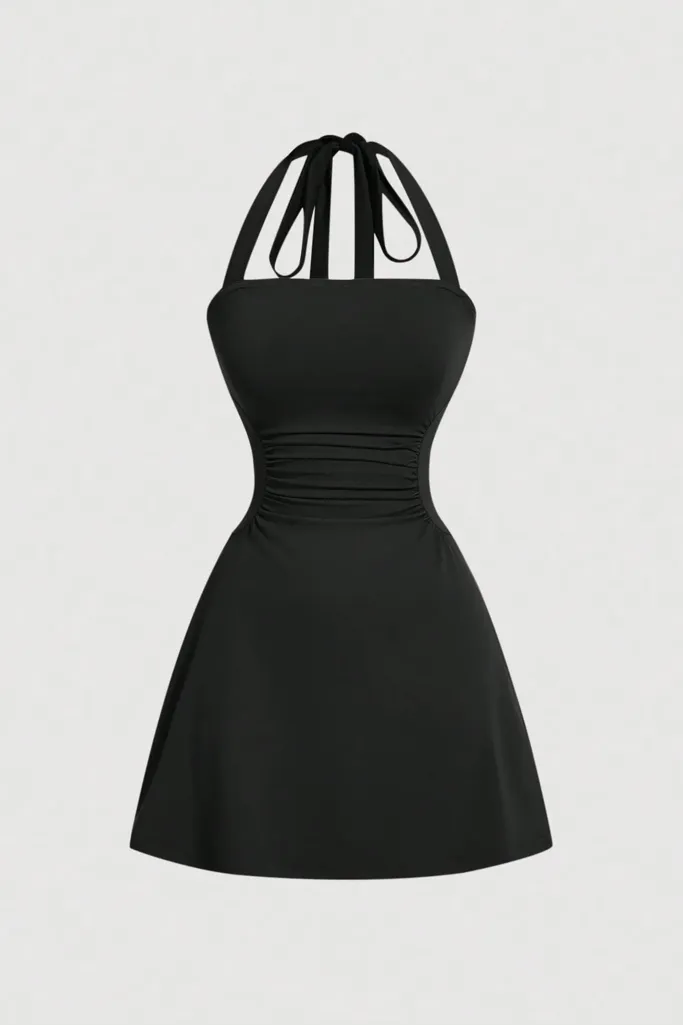 Black Ruched Aline Mini Dress - Image 1
