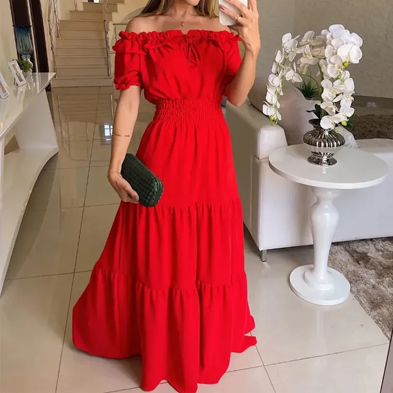 Orange Off Shoulder Tiered Maxi Dress - Image 1