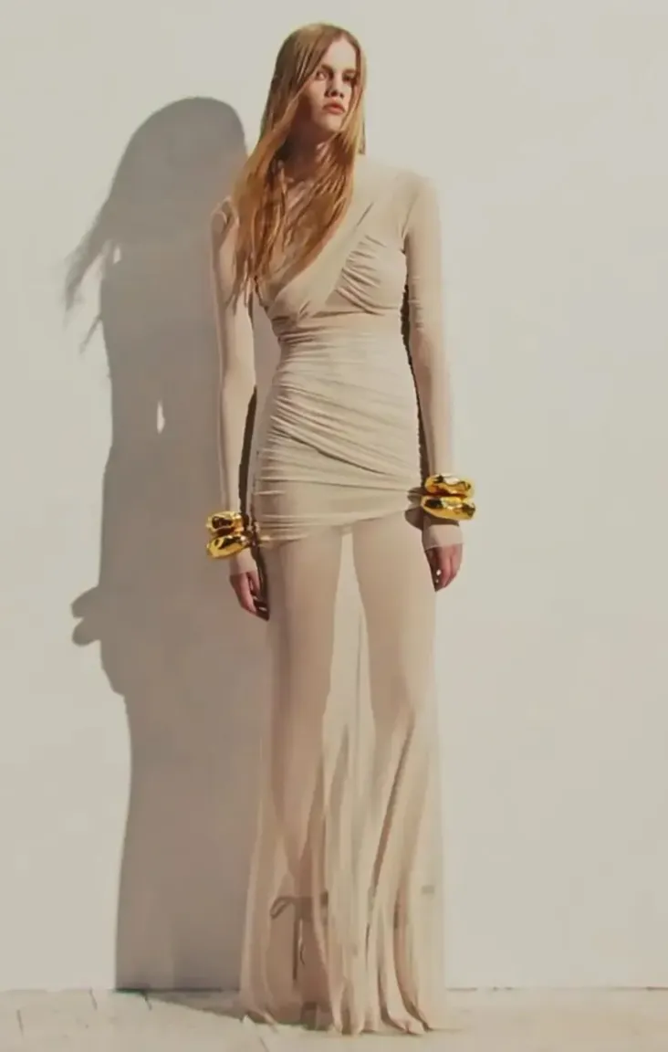 Beige Ruched Sheath Maxi Dress - Image 1