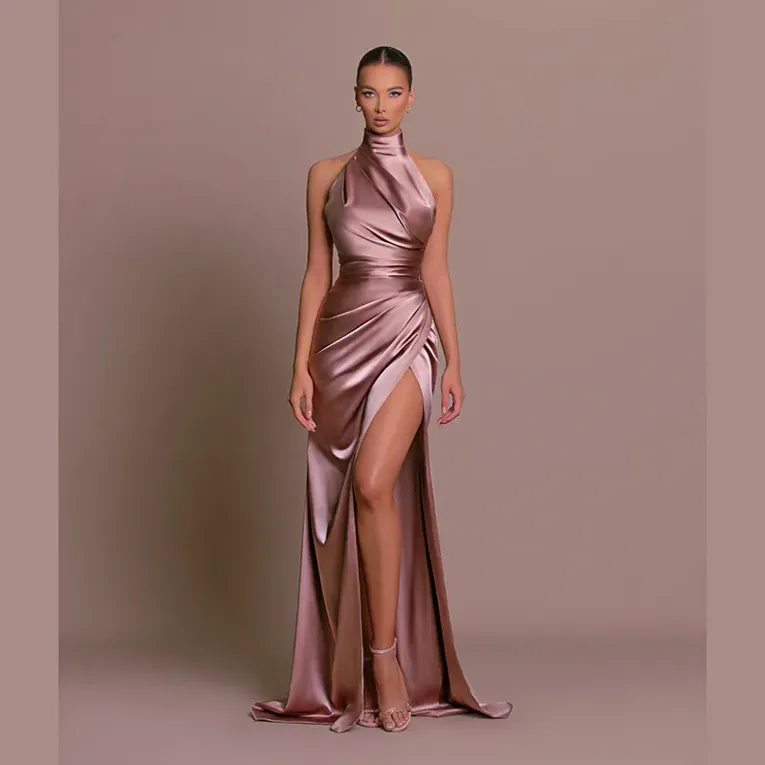 Solid Turtle Neck Thigh Slit Satin Dress - Image 1