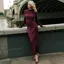 Burgundy Solid Boat Neck Gathered Gown