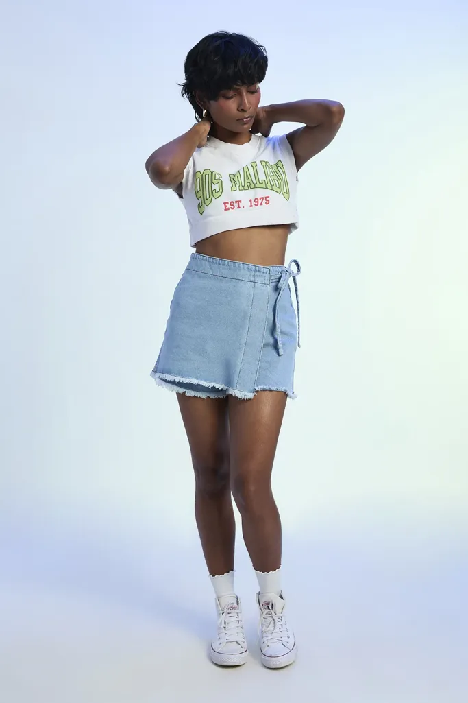 Light Blue Side Knot Wrap Denim Skort - Image 1