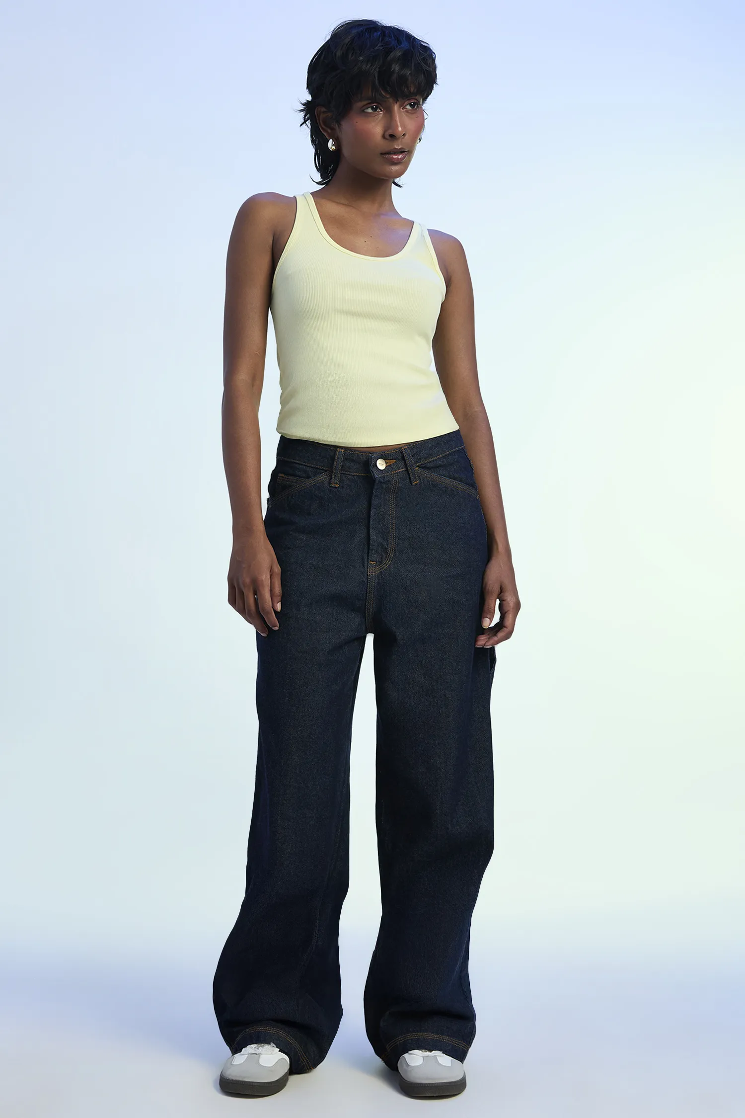 Dark Blue Wide Leg Jeans With Cross Pockets Full Length Jeans