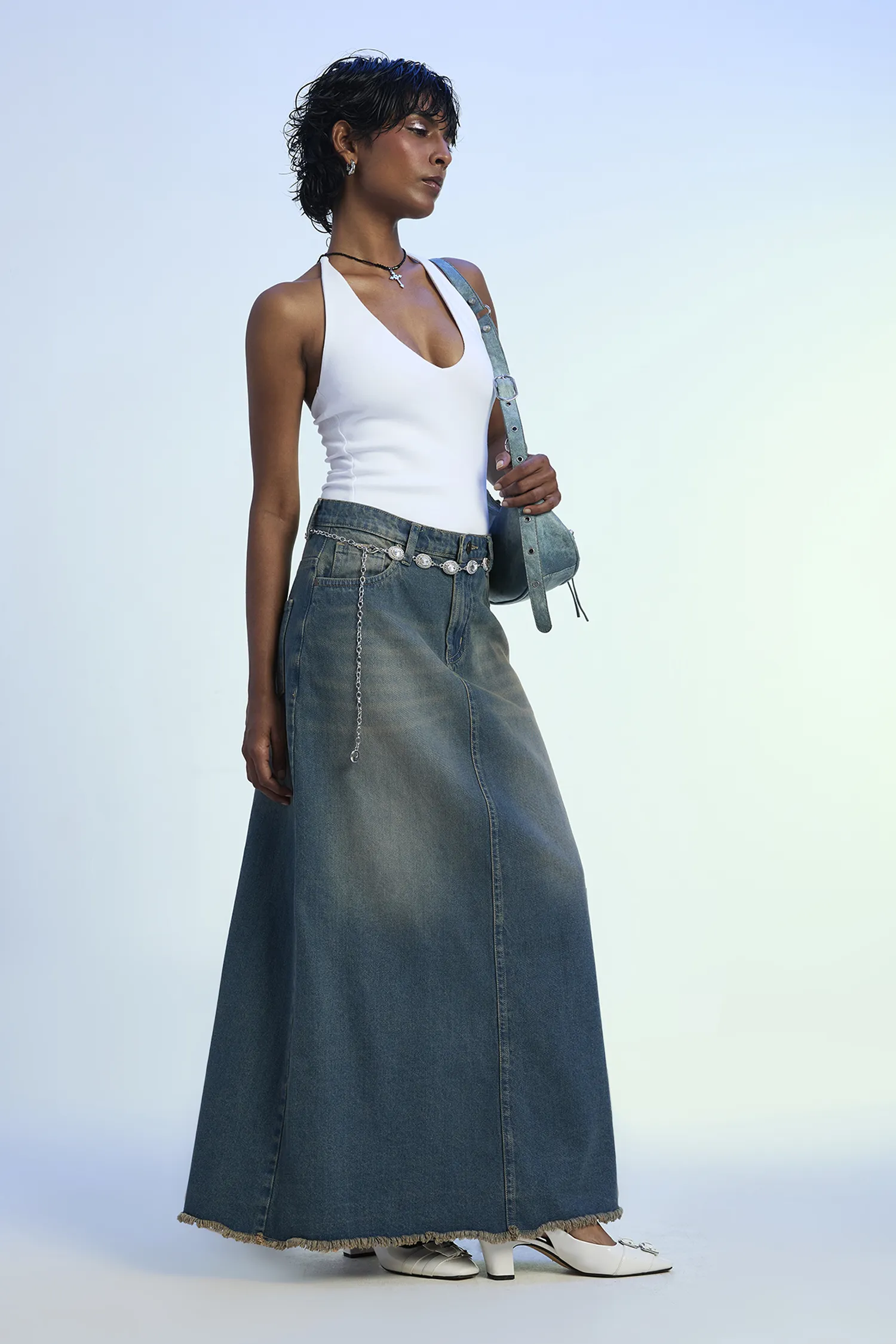 Blue Mid Rise Maxi Denim Skirt With Freyed Bottom Edge - NEWME