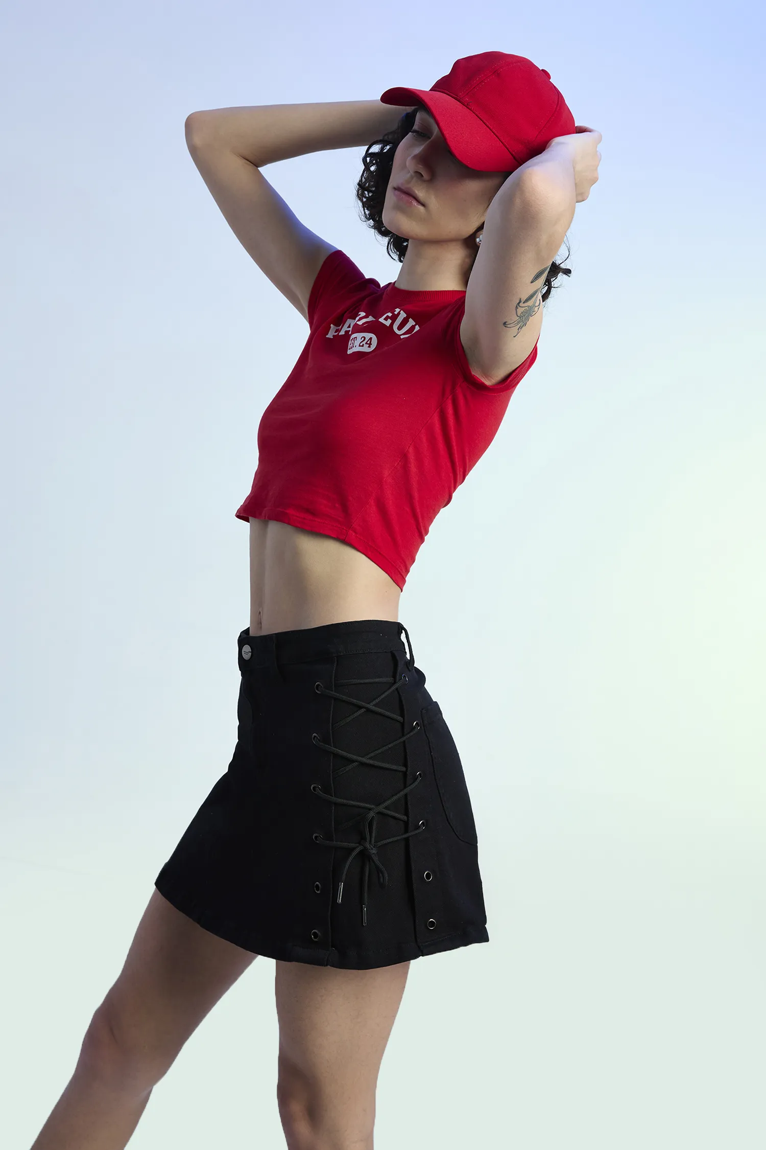 Black Denim High Rise Corded Mini Skirt