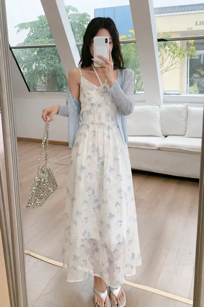 Light Blue Floral Empire Maxi Dress - Image 1