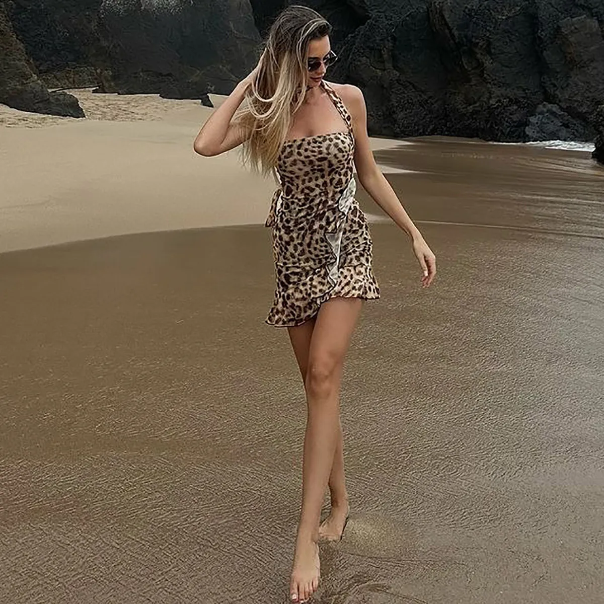 Beige Animal Print Bandeau Micro Mini Dress