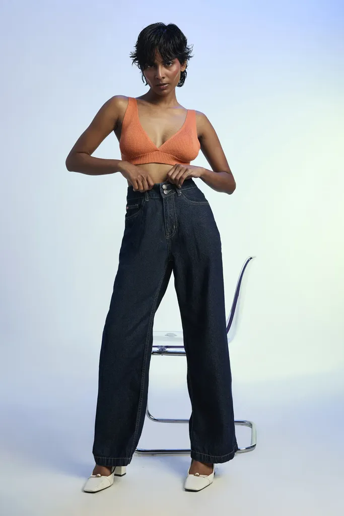 Dark Blue Indigo High Rise Non Stretch Wide Leg Jeans - Image 1
