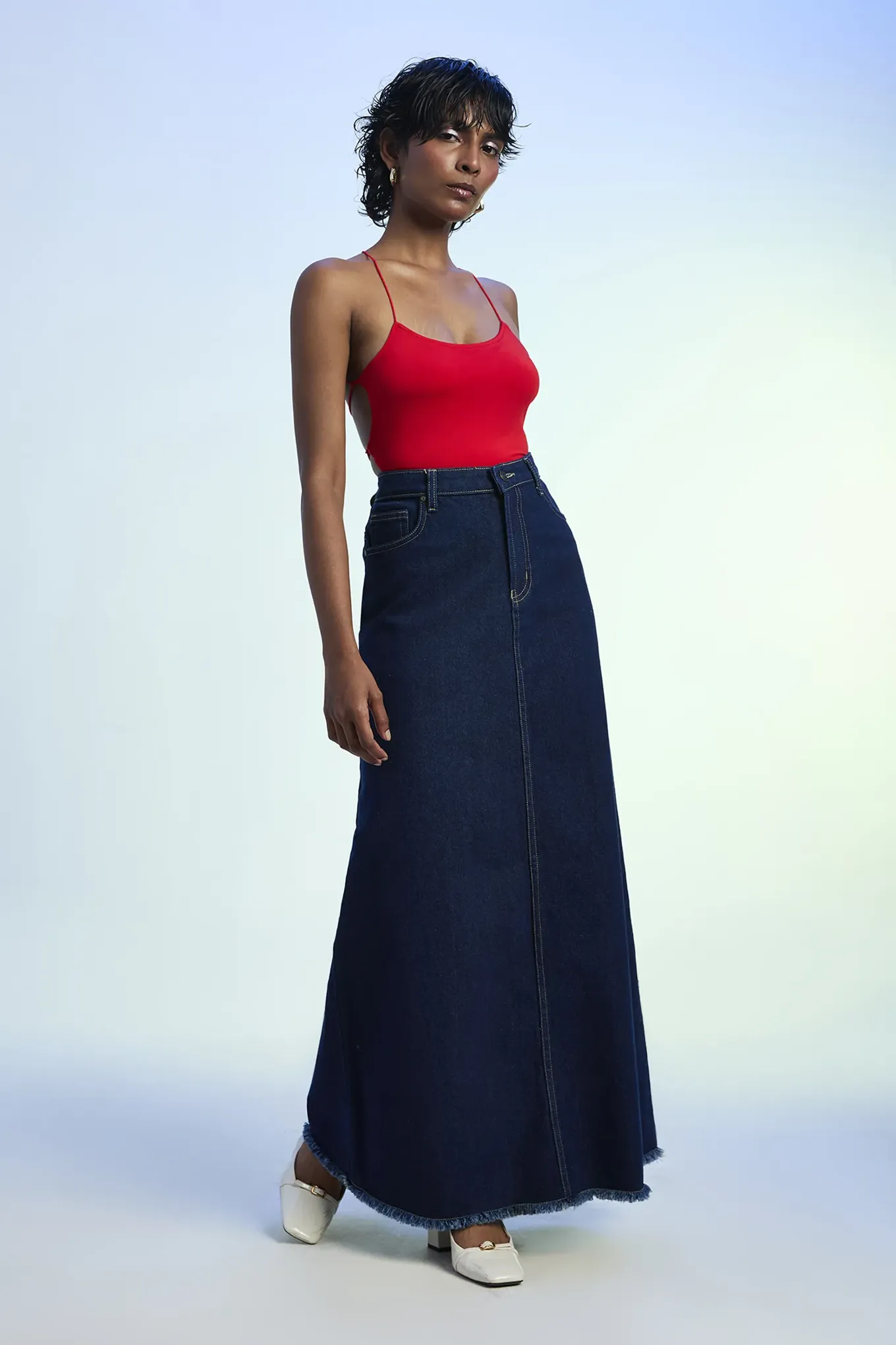 Dark Blue Indigo Mid Rise Maxi Denim Skirt With Freyed
