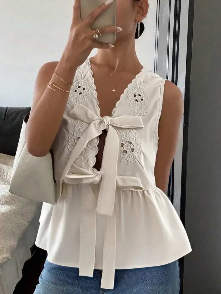 Embroidered Beige Vneck Top - Image 1