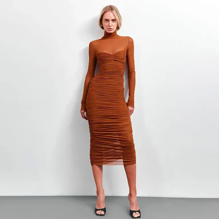 Brown Ruched High Neck Bodycon Dress - Image 1