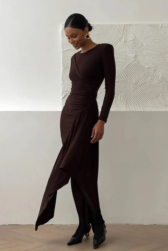 Dark Brown Ruched Bodycon Maxi Dress - Image 1