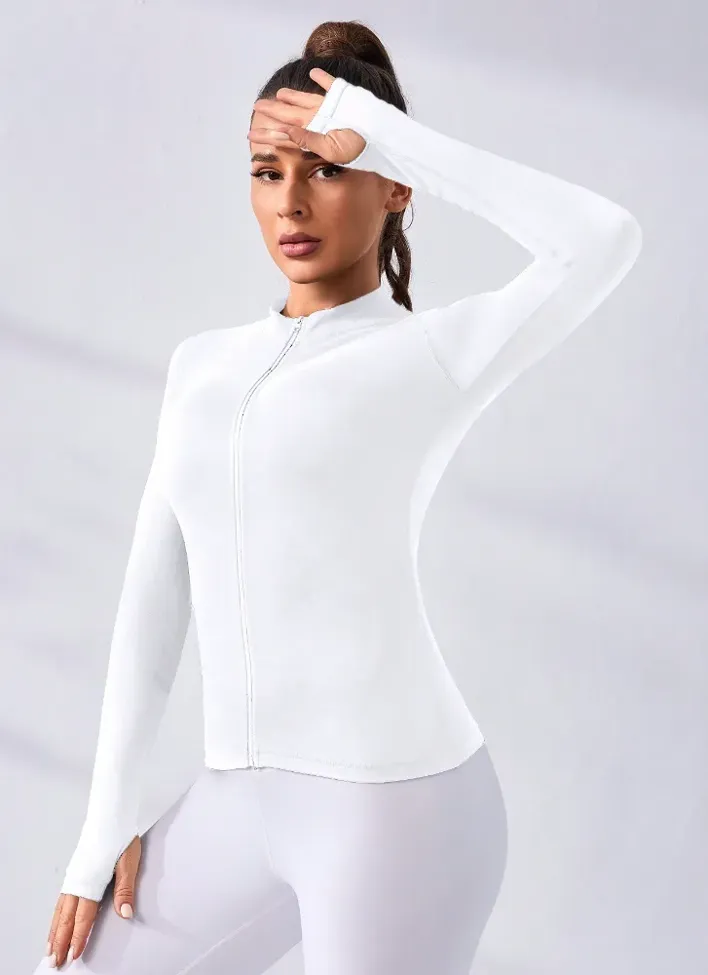 White Thumbhole Sleeve Sporty Jacket - Image 1