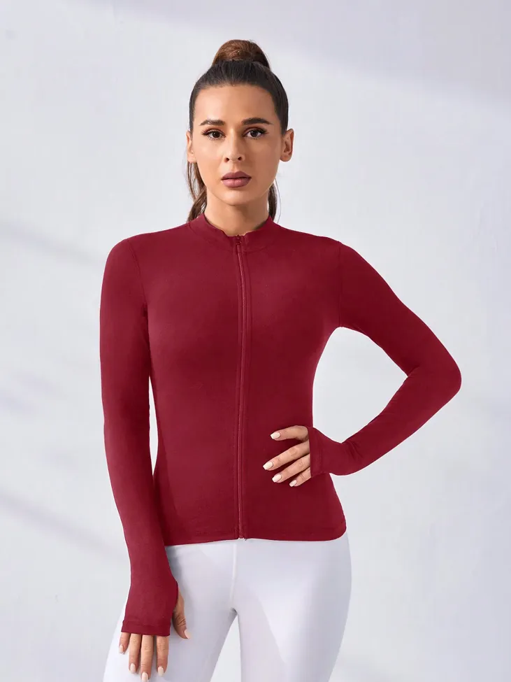 Burgundy Thumbhole Sleeve Sporty Jacket - Image 1