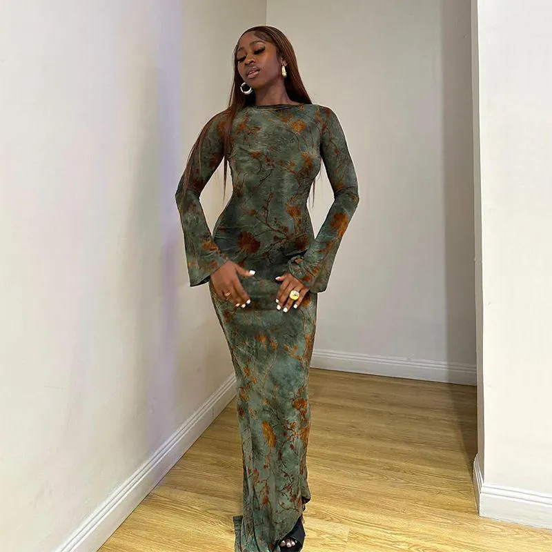 Green Floral Backless Maxi Dress