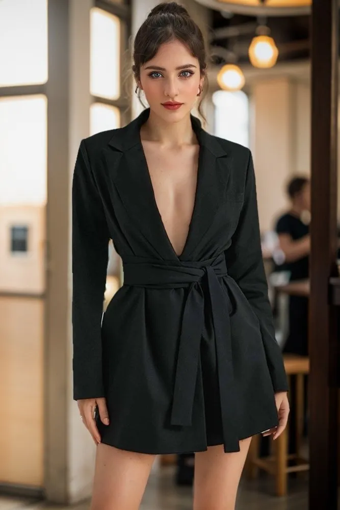 Black Solid Lapel Collar Single Breasted Coat - Image 1