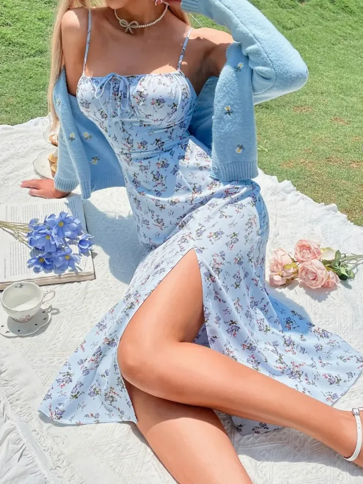 Light Blue Floral Aline Slip Dress - Image 1