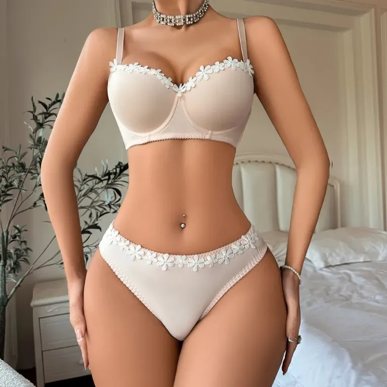 Nude Solid Lace Insert Lingerie Set - Image 1