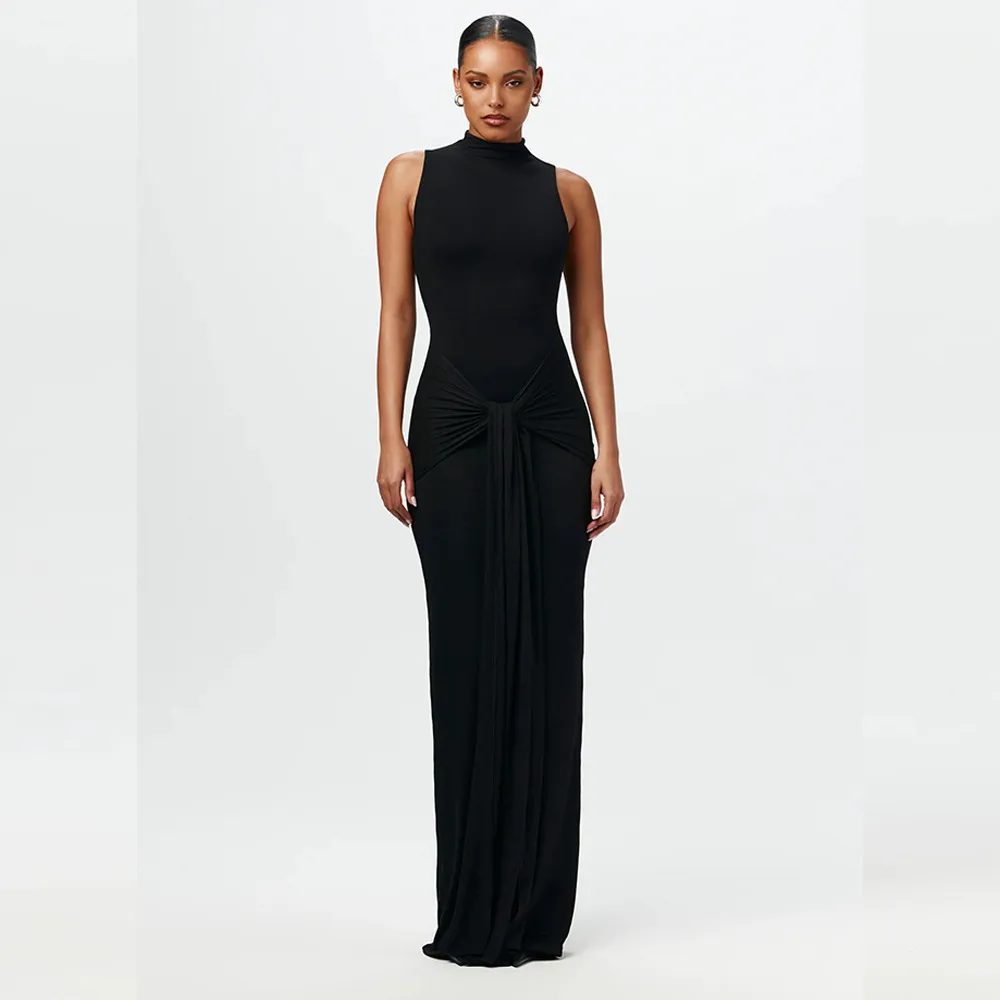 Black Solid Waist Tie Up Maxi Dress