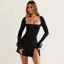 Black Slit Detail Square Neck Mini Dress