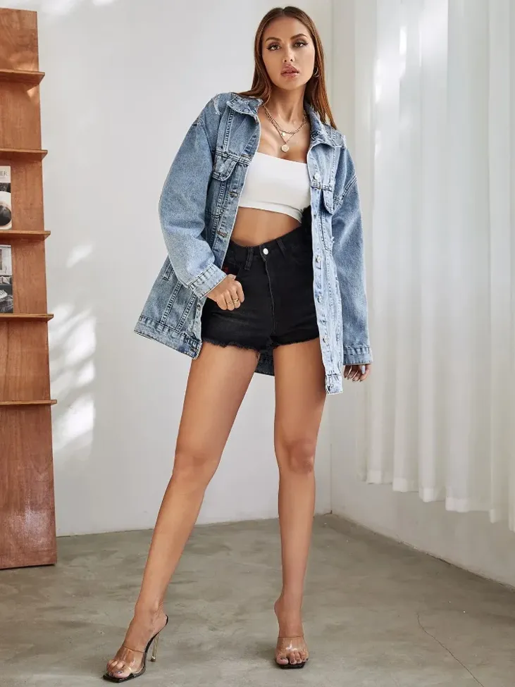 Blue Button Detail Denim Jacket - Image 1