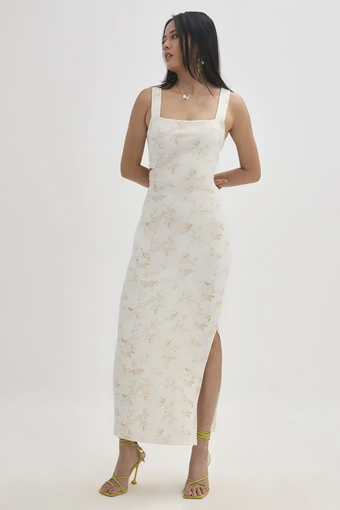 Off White Floral Printed Slit Bodycon Dress - Image 1