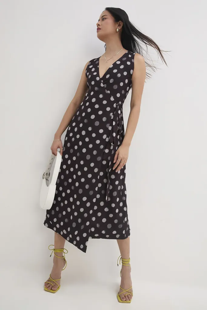 Black Polka Printed Wrap Dress - Image 1