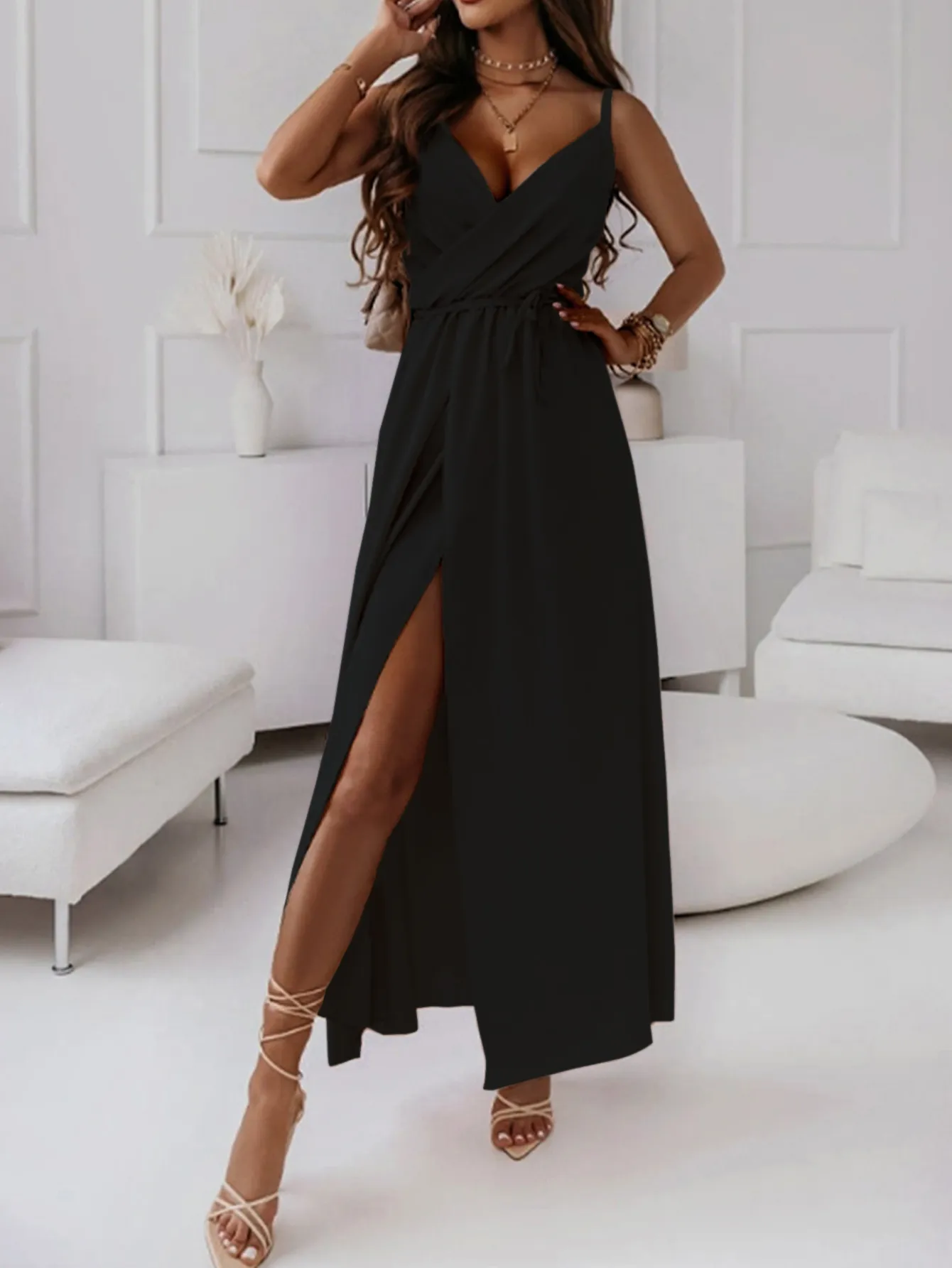 Black Solid Plunge Neck Wrap Maxi Dress