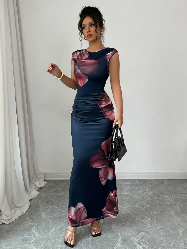 Dark Blue Floral Ruched Maxi Dress - Image 1